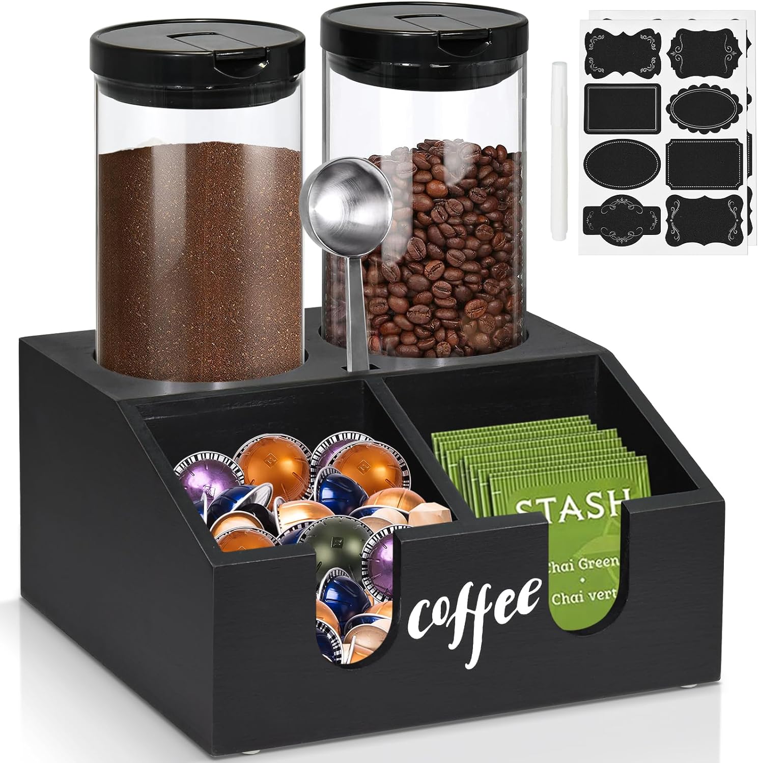 Coffee Station Organizer with Coffee Canisters Airtight and Spoon, Black