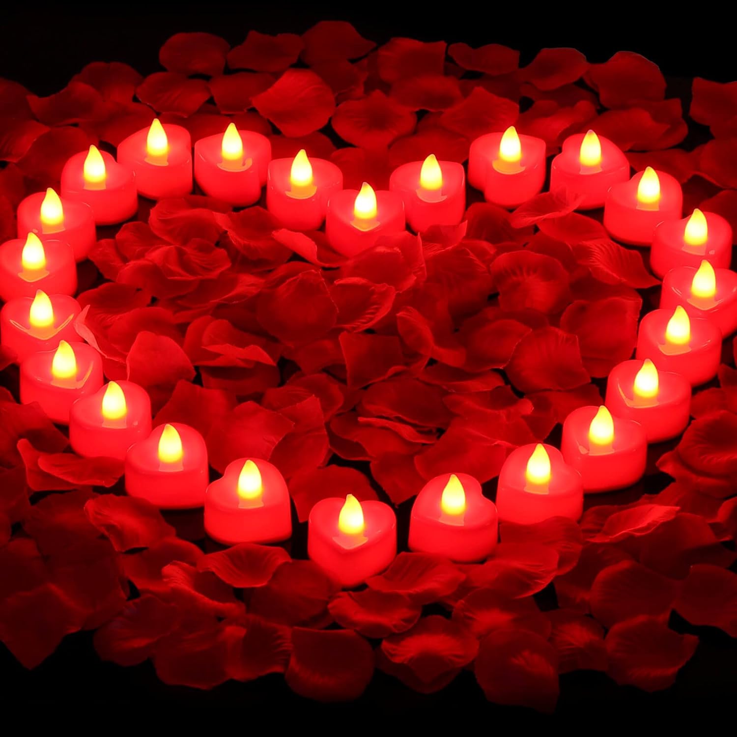 2000 Pieces Red Rose Petals for Romantic Night with 24 Pieces Red Flameless LED Candles, Red