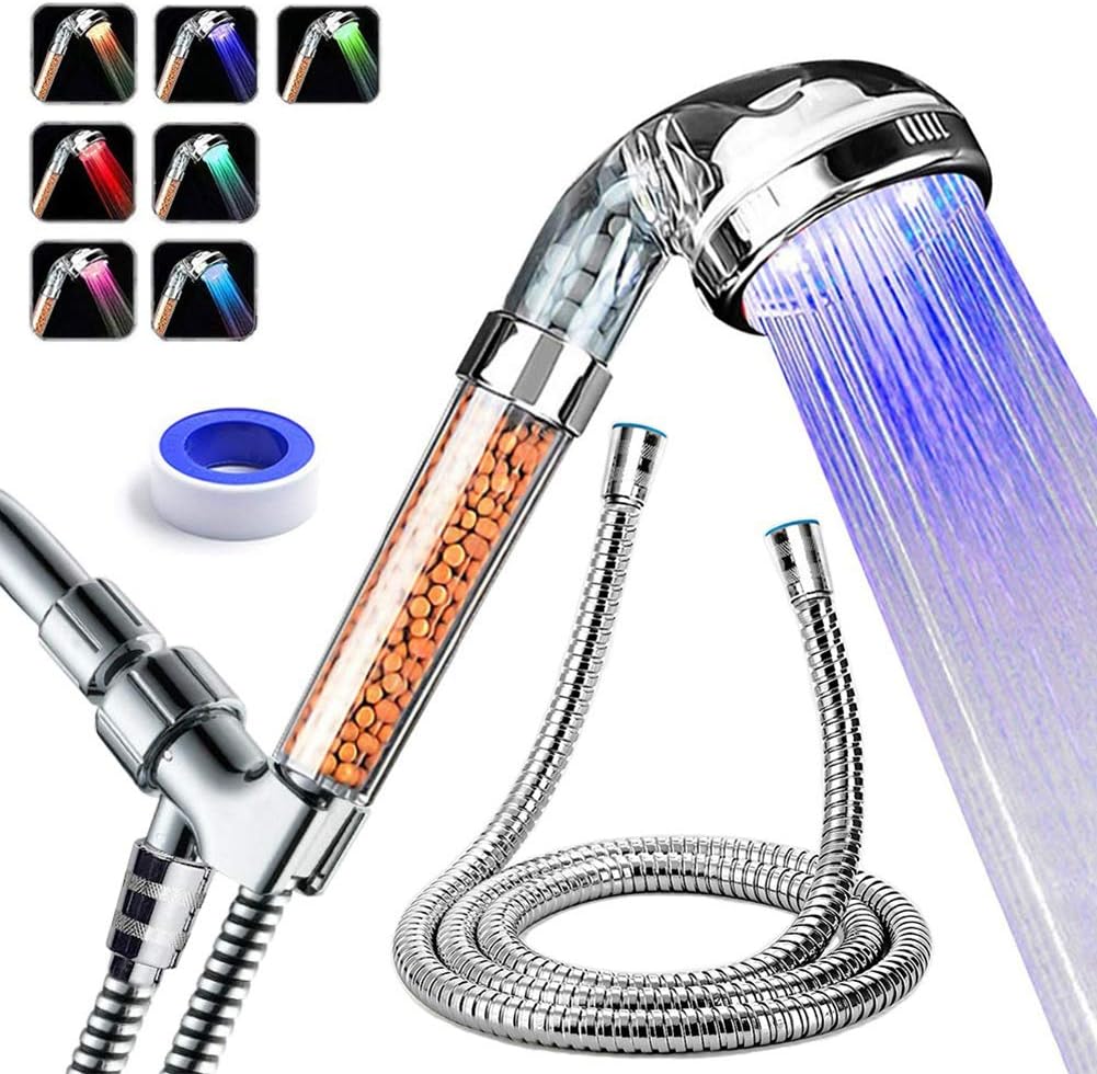 LED Shower Head with Hose and Shower Arm Bracket 7 Colors Change Cyclically