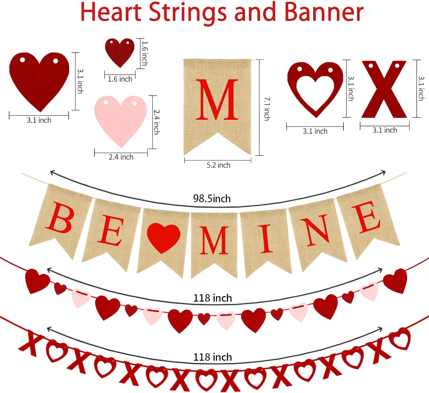 Valentines Day Decorations 4 Pieces Set, BE MINE Love Heart XO Garlands Banner