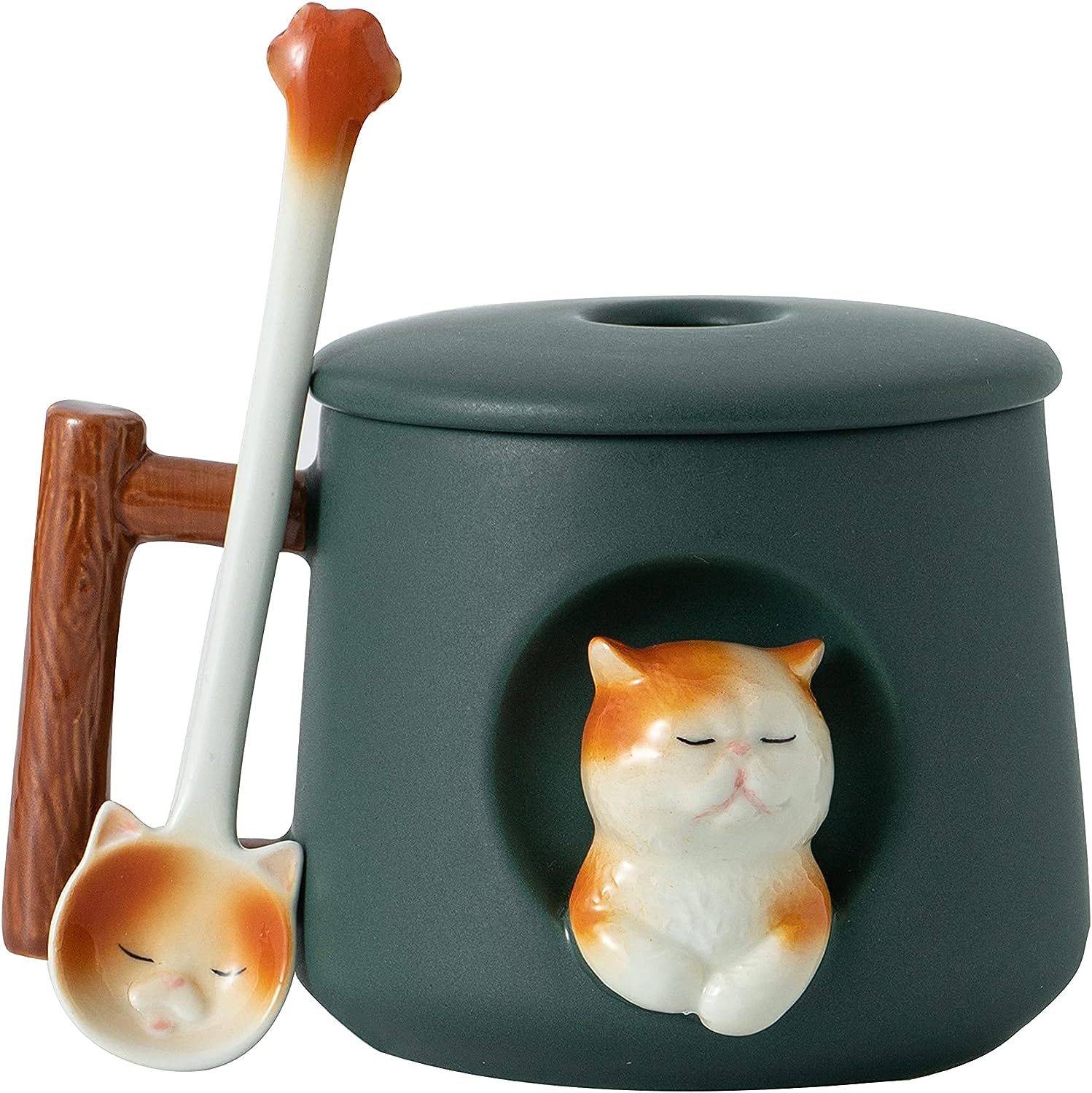 3D Ceramic Cat Mug with Lid and Spoon 14OZ, Green