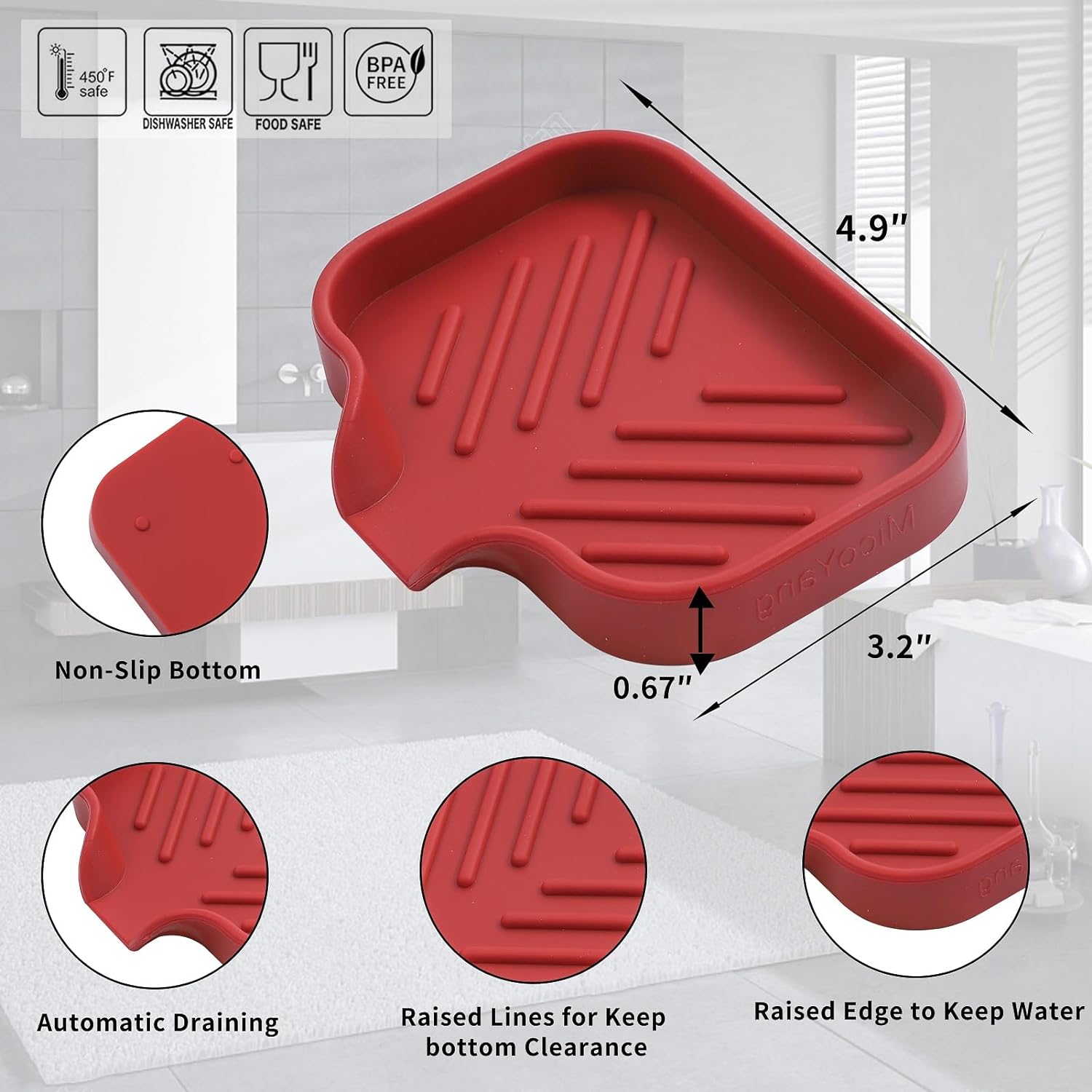 Silicone Bathroom Soap Dishes with Drain Spout, Red (4.9"×3.2")