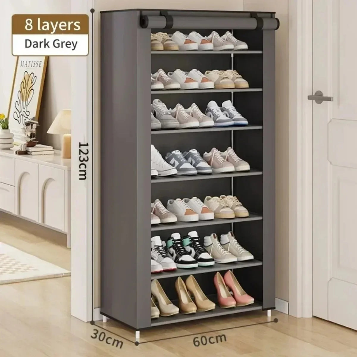 Multilayer Nonwoven Shoe Cabinet 8 Layers for Space-Saving (Black)