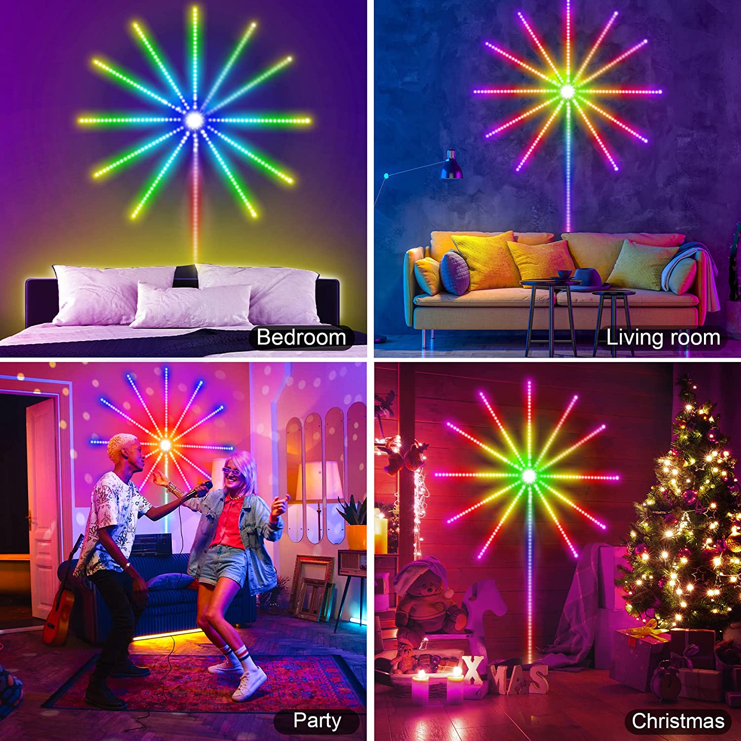 24 Color LED Fireworks Lights Bluetooth App, Music Sync for Home Decor