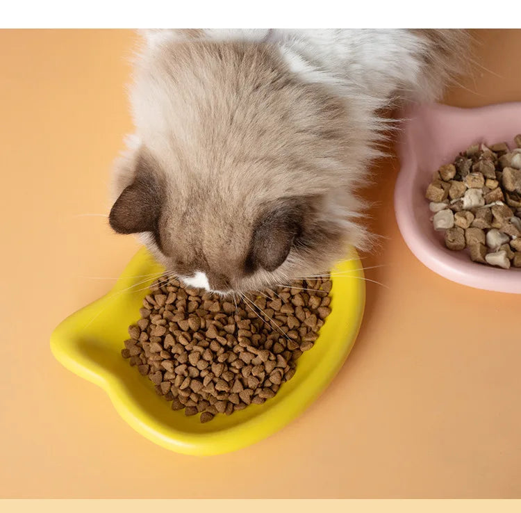 Ergonomic Dwarf Cat Food Plate Low-Profile Dish for Flat-Faced Cats (Yellow)