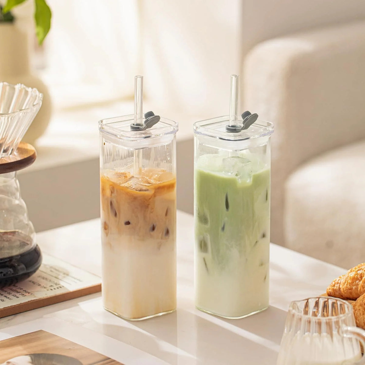 Square Glass Cups with Lids and Straws 6-Pack 13 oz – Reusable Iced Coffee Tumblers with Cleaning Brush for Smoothies, Boba Tea, Home, Office &amp; Travel