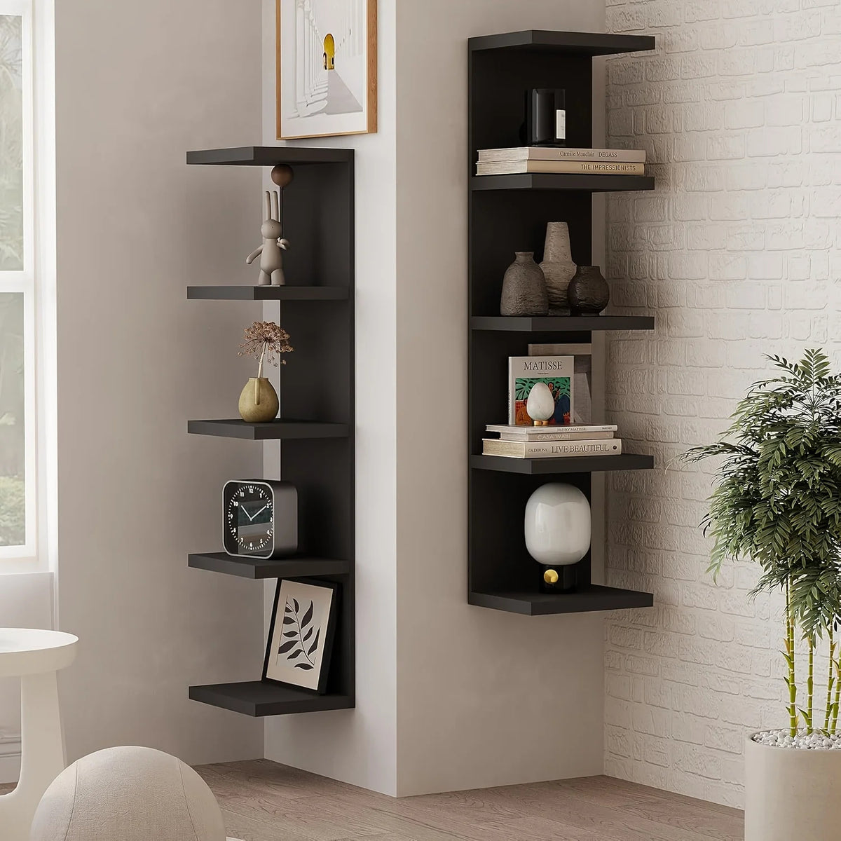 5-Tier Wall Mounted Storage Rack, 31.5-Inch Tall Floating Wall Shelf, Space-Saving Decorative Display Organizer for Bedroom, Living Room &amp; Home (White)