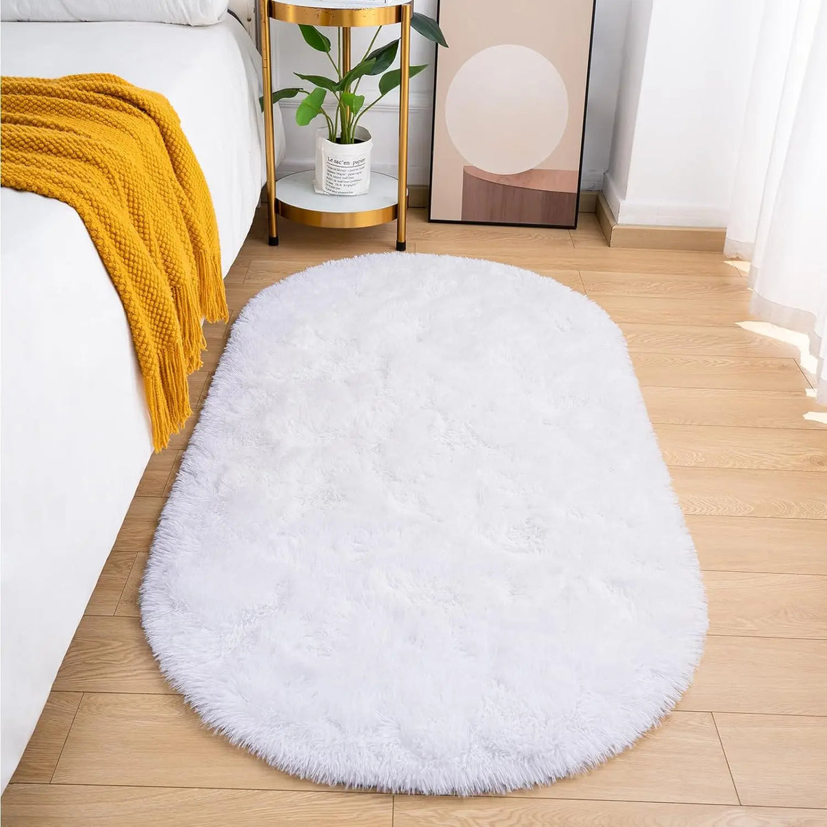 Oval Fluffy Area Rug Ultra Soft Plush Shaggy Carpet for Bedroom (White)