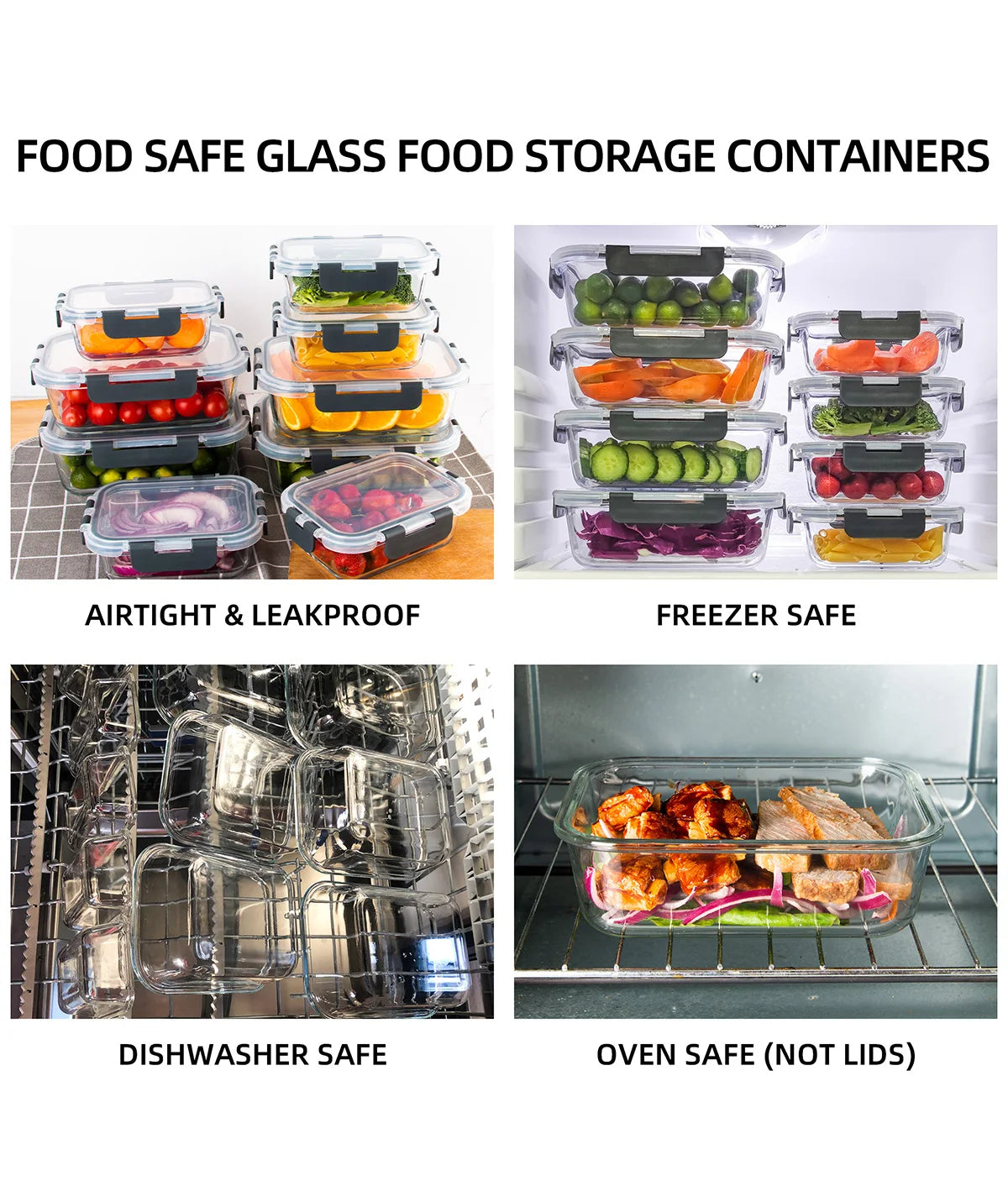 Glass Food Storage Containers Set 8-Piece Leakproof BPA-Free Microwave Oven Safe (Gray)