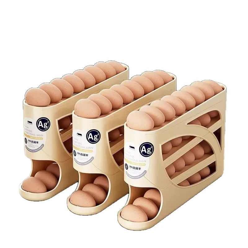 4-Tier Sliding Egg Dispenser – Automatic Rolling, Shatterproof Refrigerator Storage Rack for Space-Saving Kitchen Organization