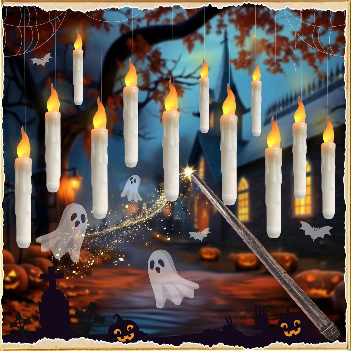 Halloween Floating LED Candles with Magic Wand – Flickering Flameless Taper Lights for Party &amp; Home Decor