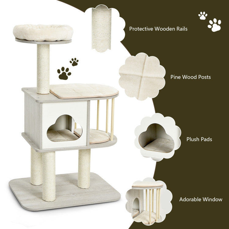 Wooden Cat Activity Tree 46&quot; with Platform and Cushions for Pets