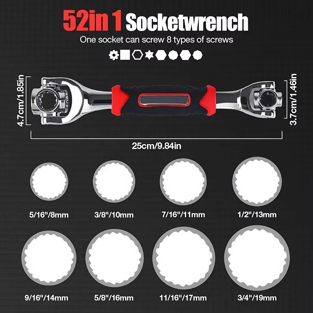 52-in-1 Universal Socket Wrench Set, 360° Rotating Dog Bone Multi-Function Wrench, 8-19mm Spline Socket Tool for Car, Auto, Bicycle &amp; Motorcycle Repair (Black)