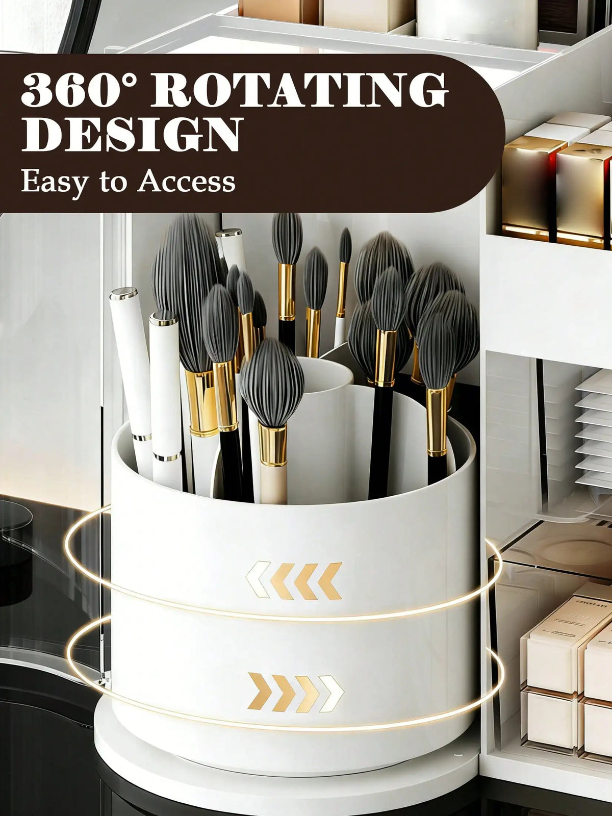 2-Tier Rotating Makeup Organizer with Brush Holder – Large-Capacity Skincare and Cosmetic Storage