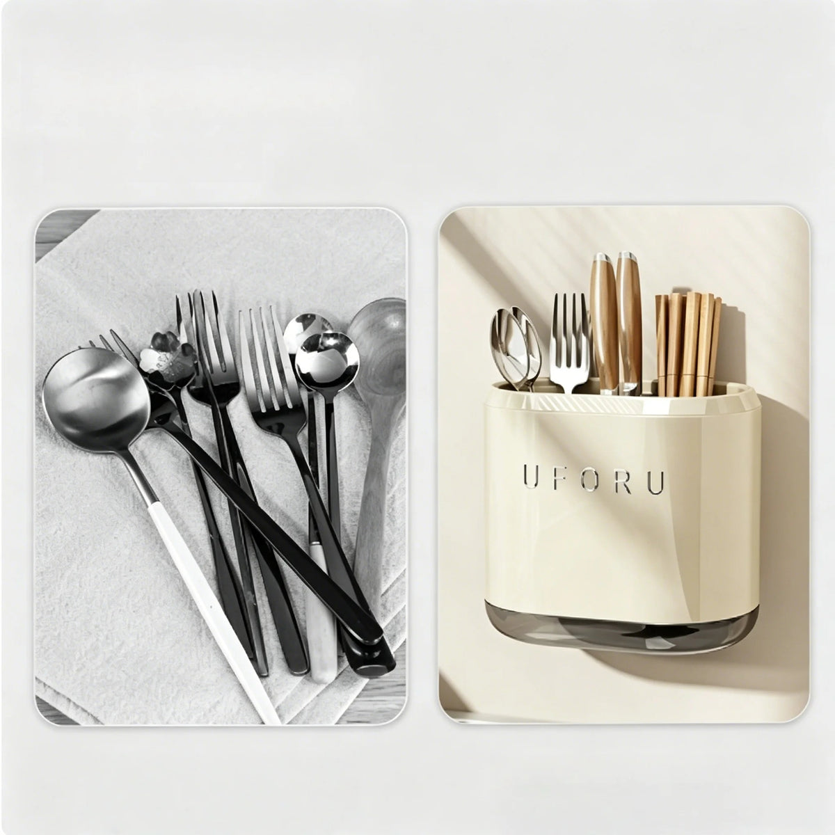 No-Drill Wall-Mounted Utensil Holder, Kitchen Cutlery Organizer for Spoons, Forks &amp; Chopsticks, Removable Drain Tray, Dual-Use Countertop &amp; Wall Hanging Drying Rack
