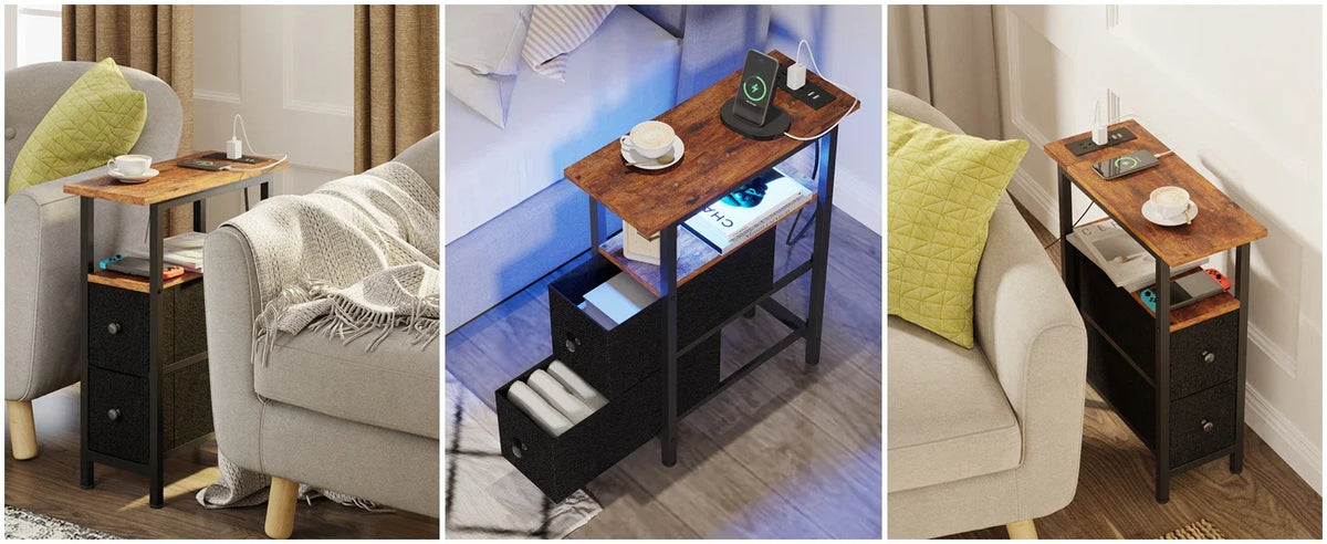 Slim Bedside Table with 2 Fabric Drawers for Living Room Side Coffee Table