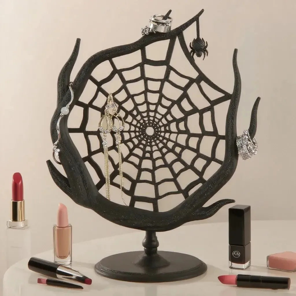 Gothic Spiderweb Jewelry Holder – Black Tree-Shaped Jewelry Display Stand for Halloween