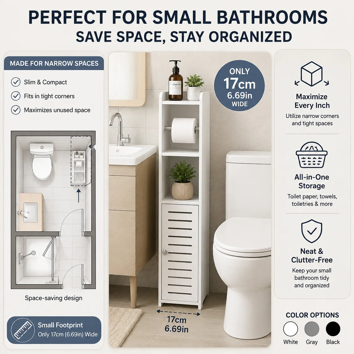 Slim Bathroom Storage Cabinet with Toilet Paper Holder – Narrow PVC Organizer with Shelves and Door for Small Bathrooms