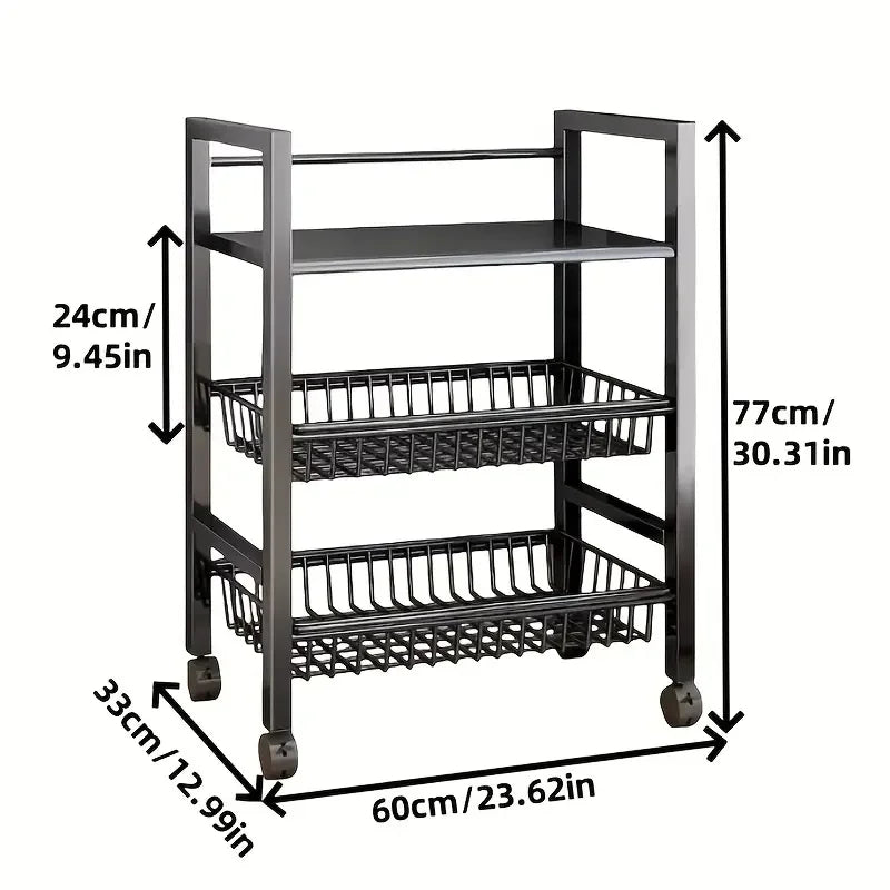 3-Tier Rolling Storage Cart with Wheels, Mobile Utility Organizer with Flat Top Shelf &amp; 2 Wire Baskets, Metal Kitchen, Bathroom &amp; Laundry Cart