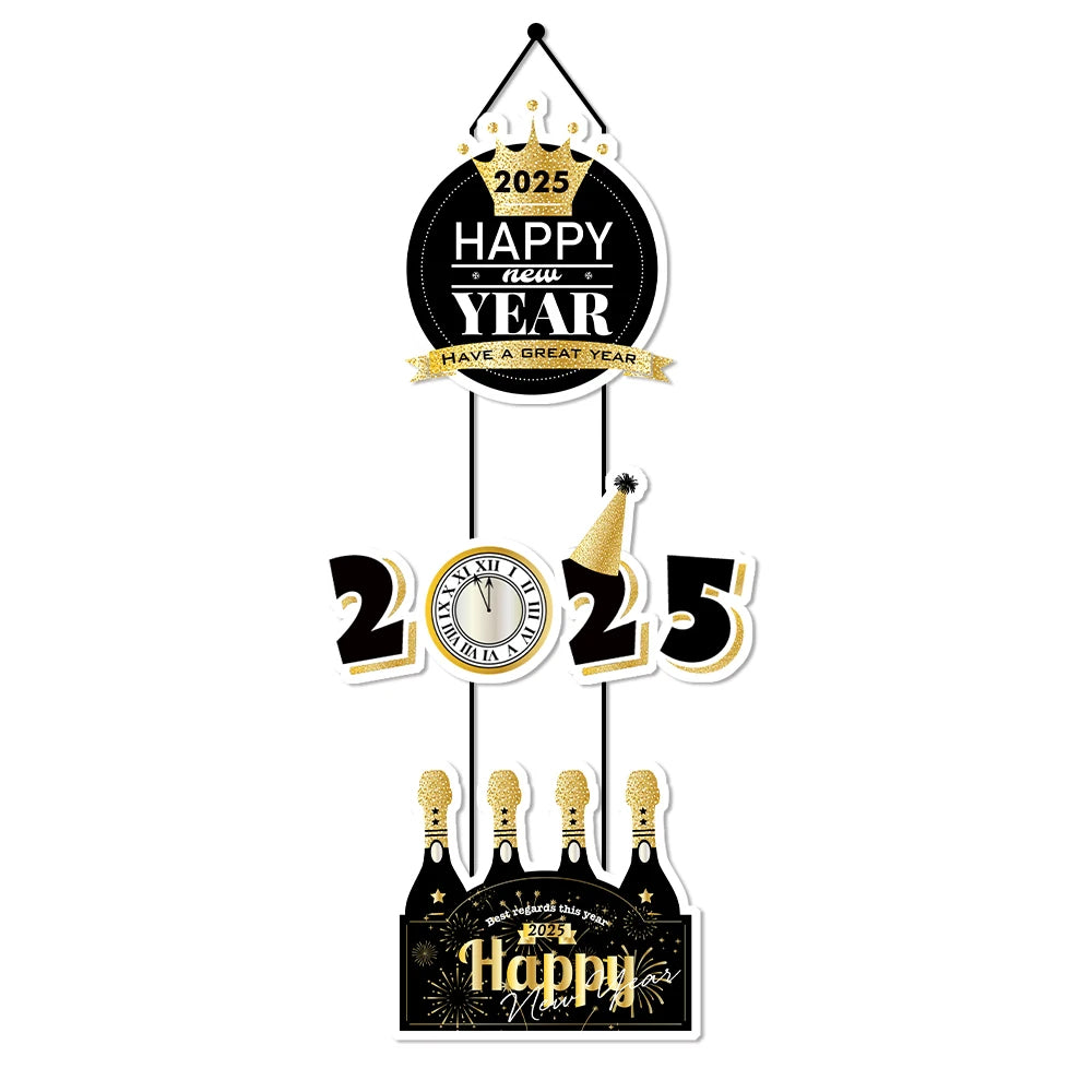 Happy New Year Door Banner Set Gold Black New Year 2025 Porch Sign