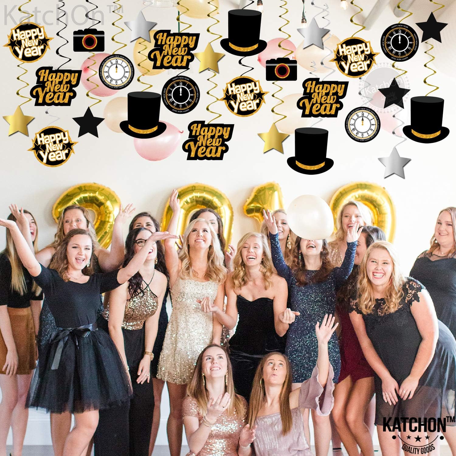 Happy New Year Hanging Swirls Pack of 30, Black and Gold New Years Eve Party Supplies