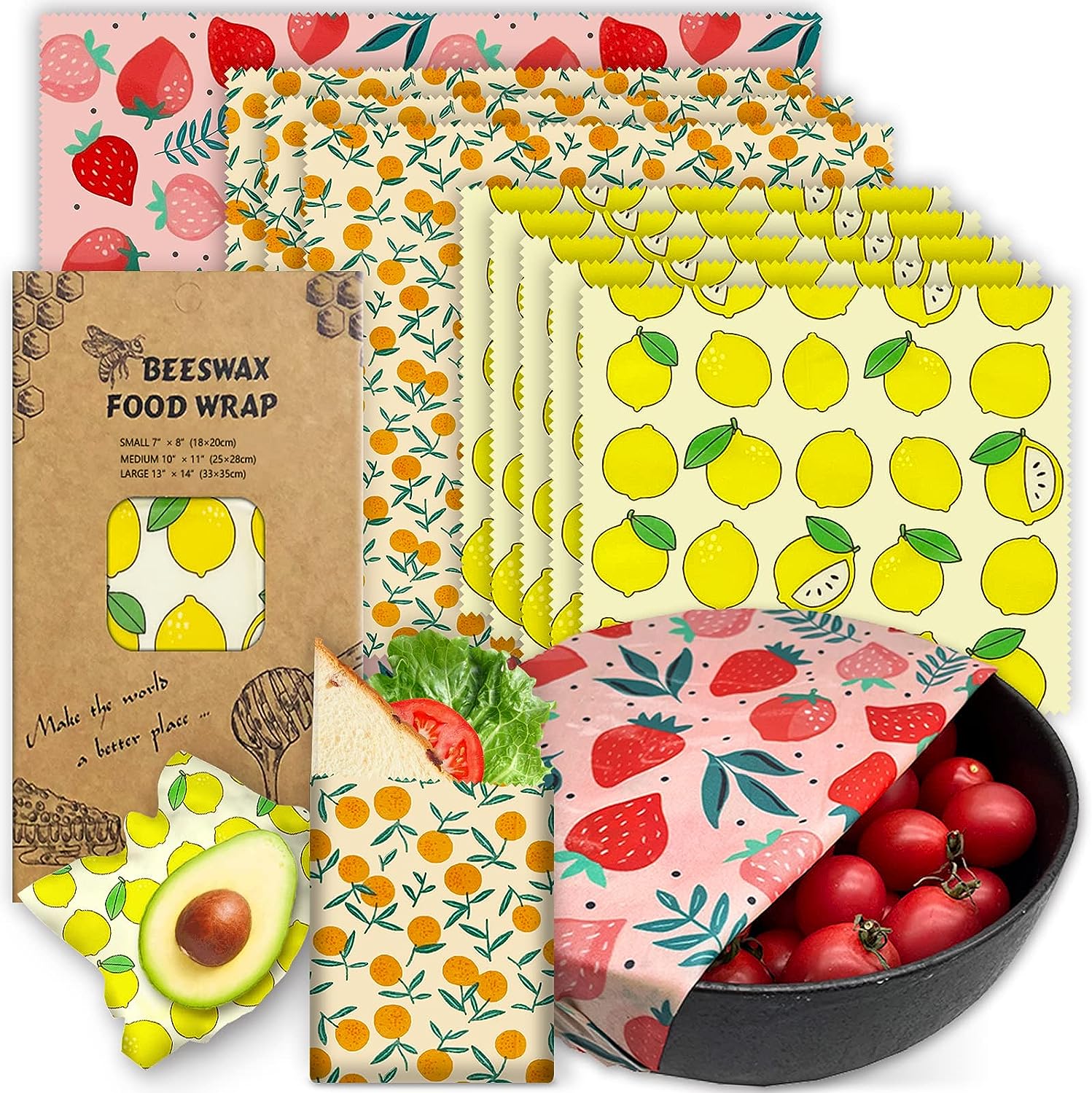 Reusable Beeswax Wrap Eco Friendly 9 Pack For Food, Organic, Sustainable, Biodegradable