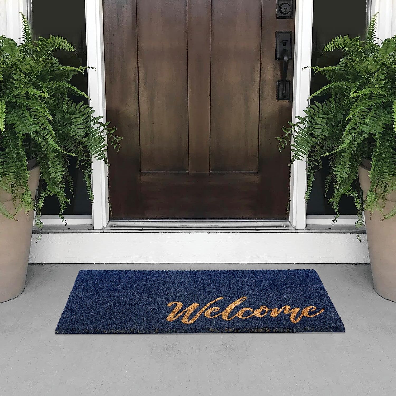 Welcome Coir Doormat Natural Non-Slip Mat Backing, Navy Blue