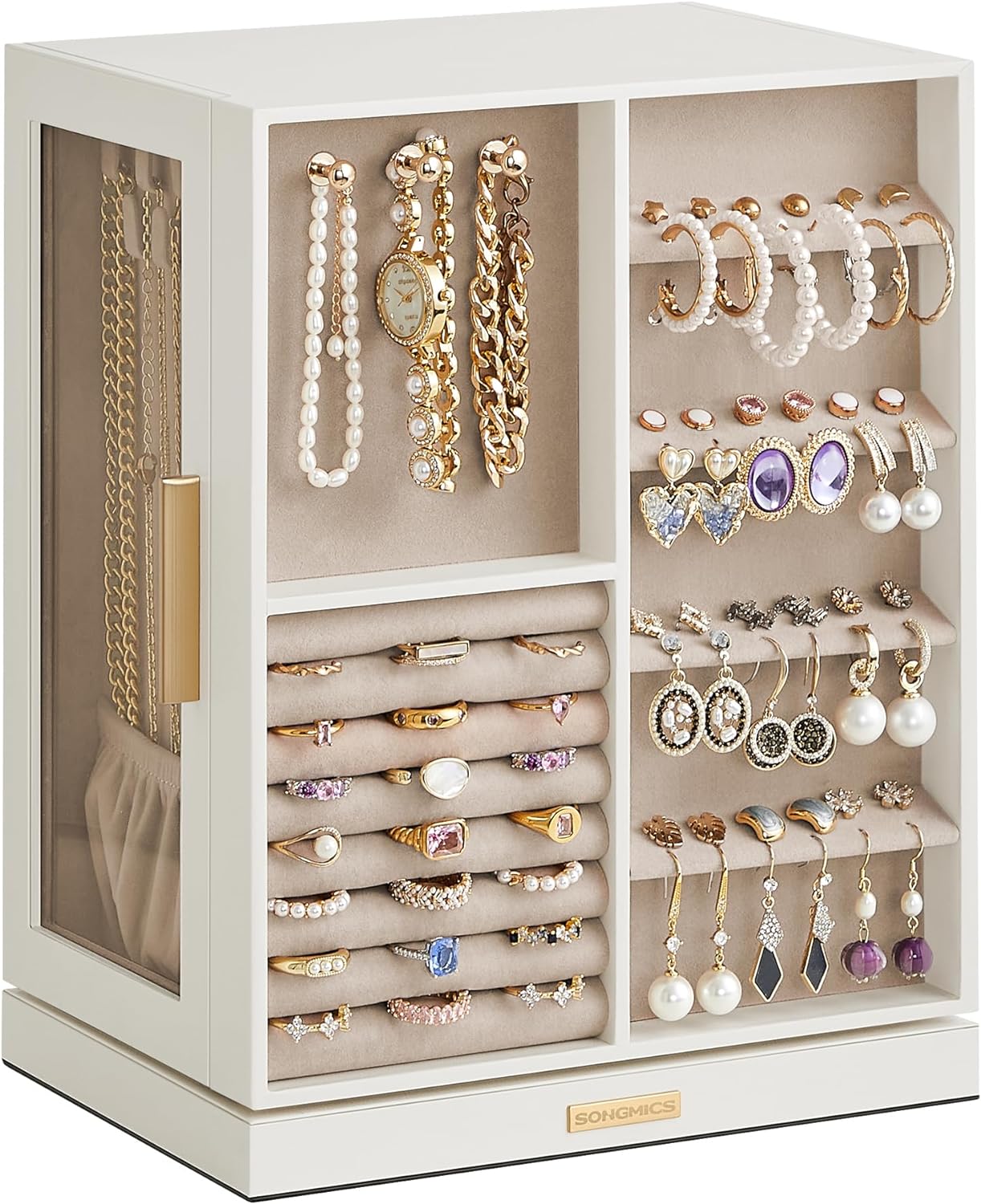 Jewelry Organizer Storage Case with 5 Drawers, 360 Rotating Organizer, Jewelry Storage, Open Design, Cloud White