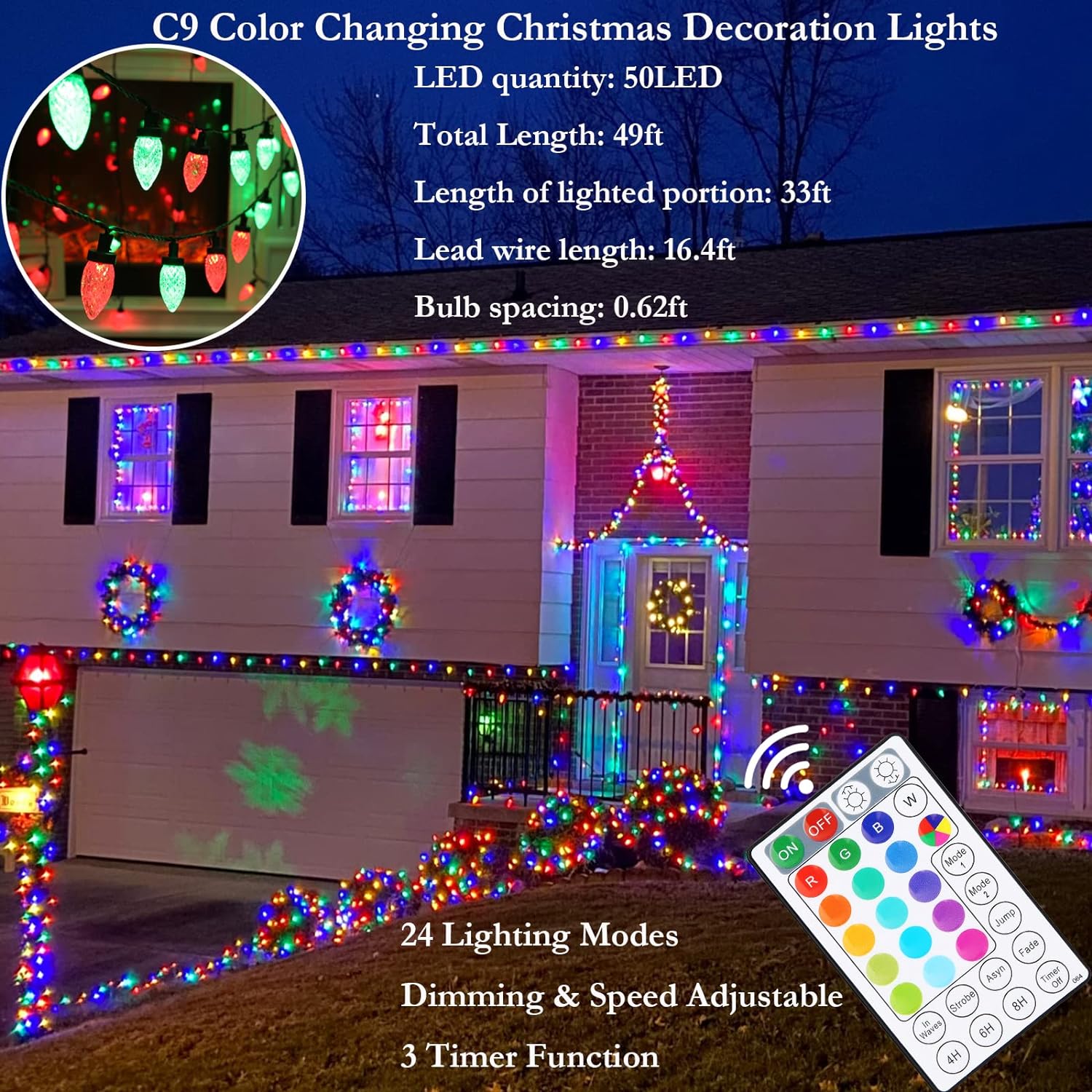 Christmas Color Changing String Lights Outdoor Indoor 33ft 50LED Green Wire Christmas Tree Lights, 32 Keys Remote Control Fairy Lights