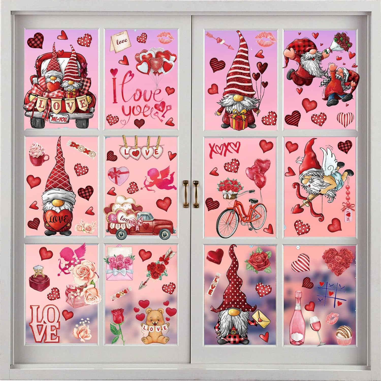 Valentines Window Clings 9 Sheets, Double Sided Reusable Gnome Stickers Decals