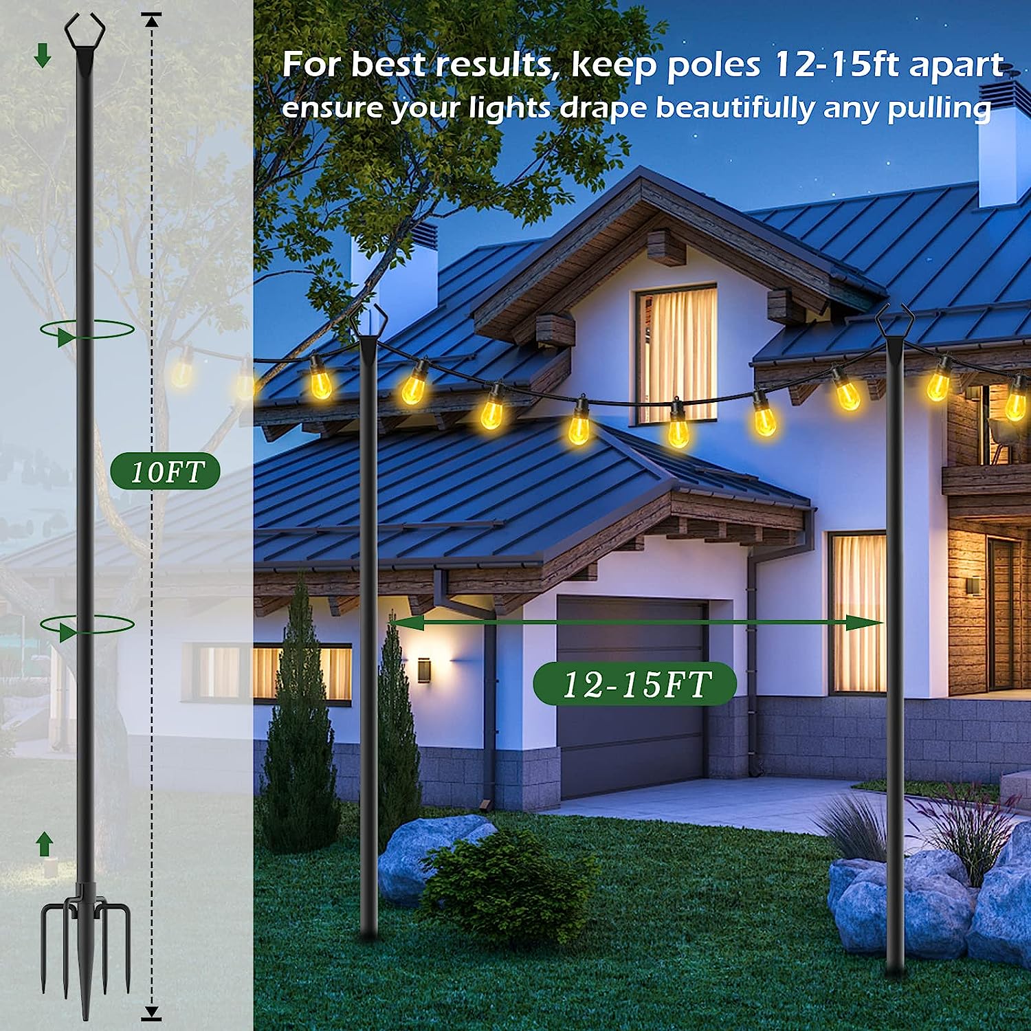 10FT Metal Poles Stand with Fork for Outdoor String Lights, 2 Pack for Outside Garden