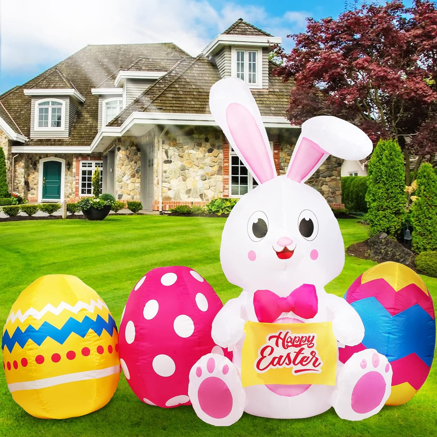 6 FT Easter Inflatables Outdoor Decorations Bunny and 3 Colorful Eggs, Build-in LED Lights Blow Up Yard Decorations