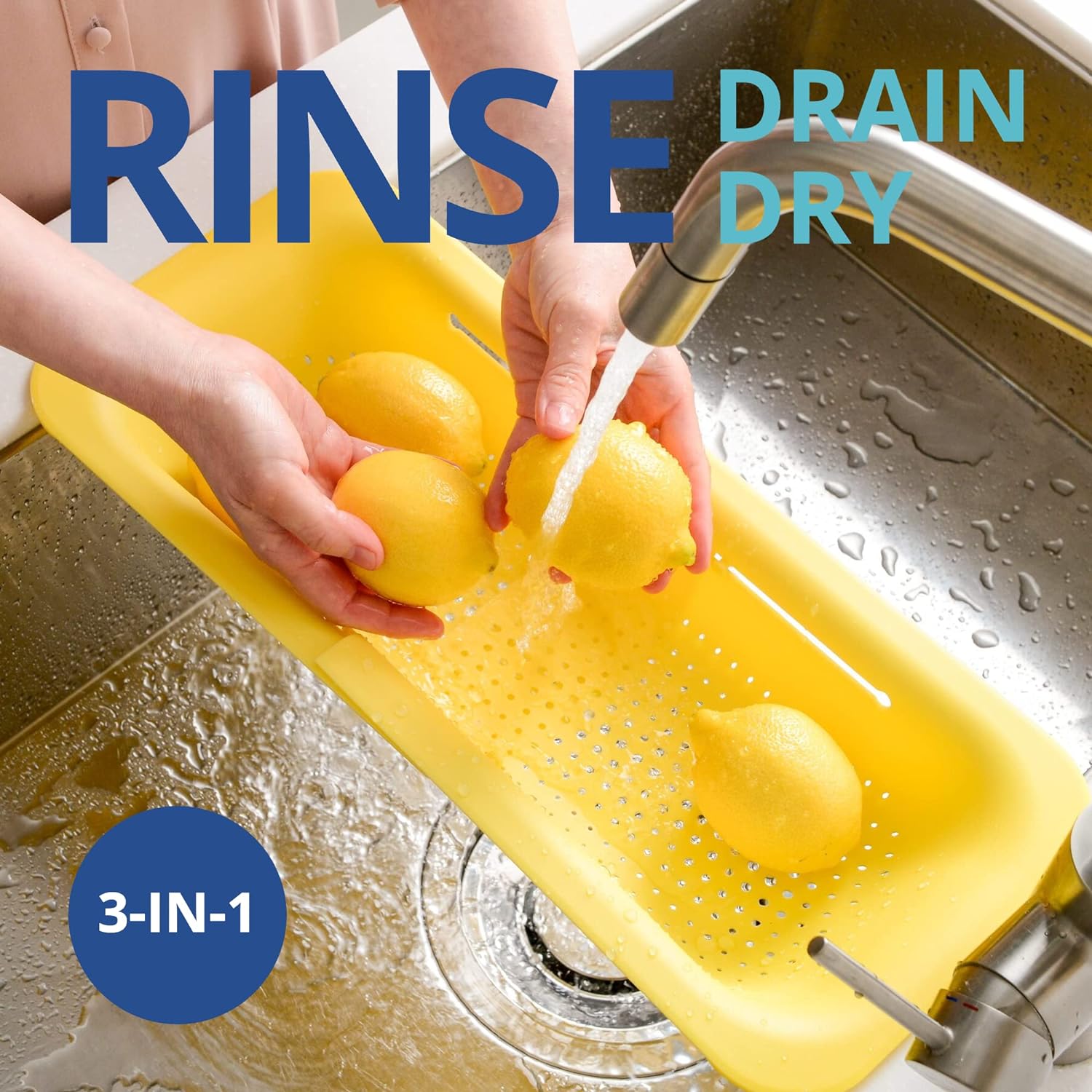 Over the Sink Colander Extendable Strainer Basket, Yellow  (7.9 W x 14.5-19.5 L x 2.75 H)