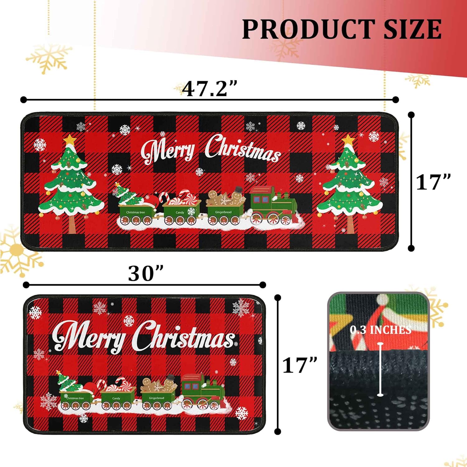 Christmas Kitchen Rugs and Mats Set 2 Pieces, Merry Christmas Indoor Floor Mats Red Black Buffalo Check Plaid