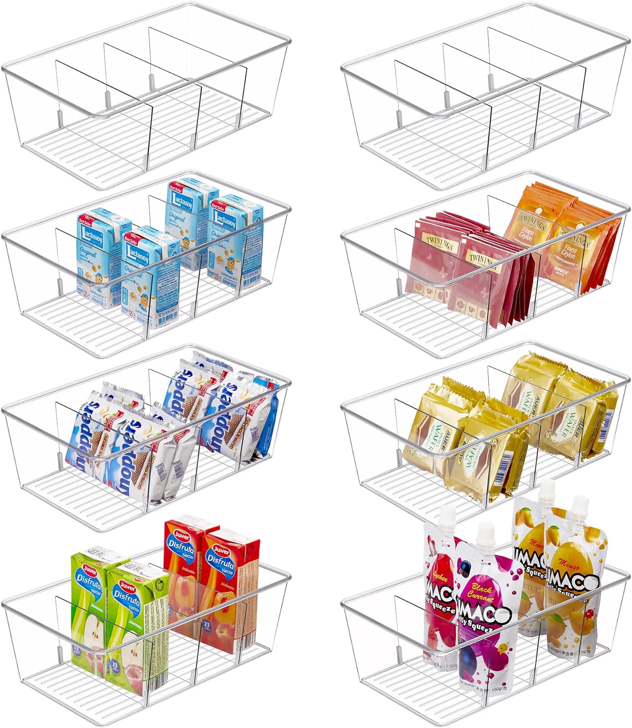 Clear Plastic Food Storage Organizer Bins 8 Pack, 4 Compartment Holder for Packets, Snacks, Pouches, Spice Packets