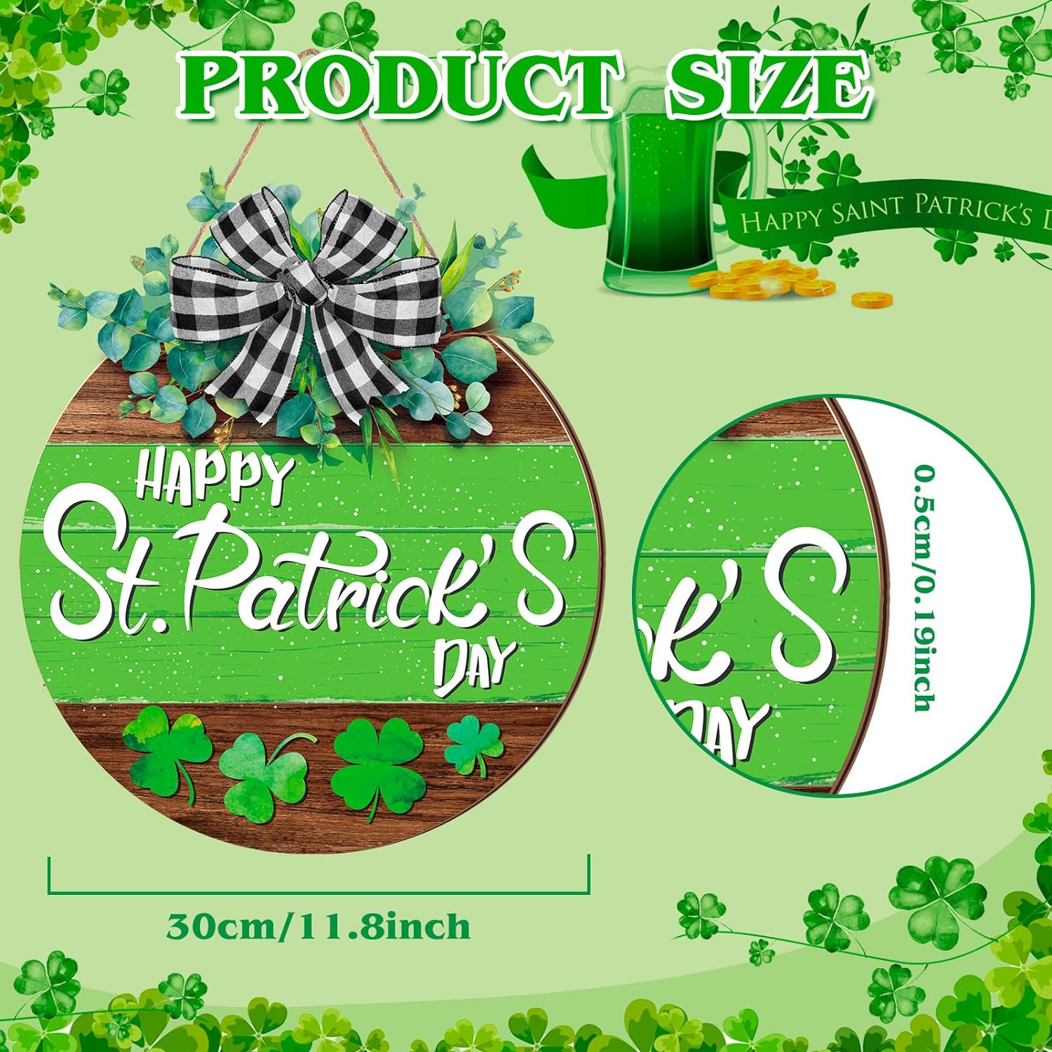 St Patrick's Day Door Sign Wooden Shamrocks Plaque Clover Shamrock Decoration (12" x12")