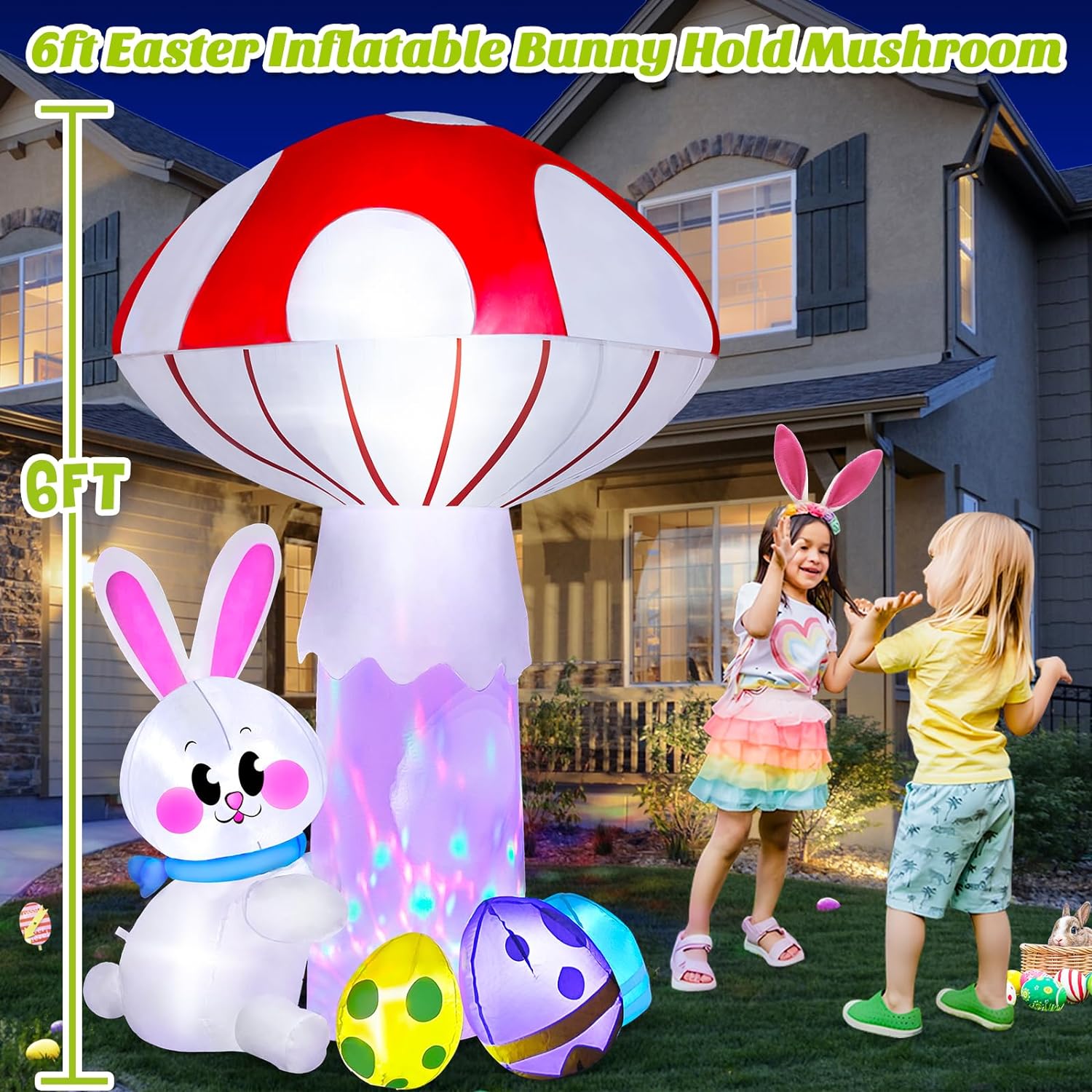 Build-in LED Easter Inflatable Bunny 6FT with Giant Mushroom and Colorful Eggs Outdoor Decorations