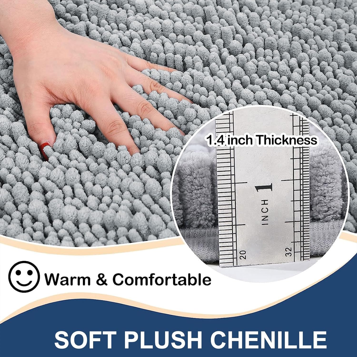 Chenille Bathroom Rug Mat Extra Soft Thick Machine Wash Dry Plush Bath Mats for Bathroom, Shower, and Tub (24"x16", Light Grey)