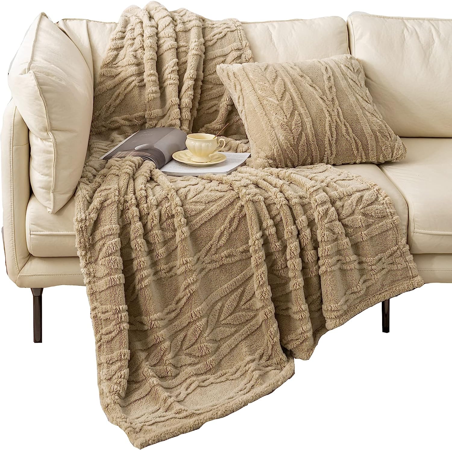 Sherpa Throw Blanket Thick Plush Fluffy Furry Blankets, Tan, 60" x 65"