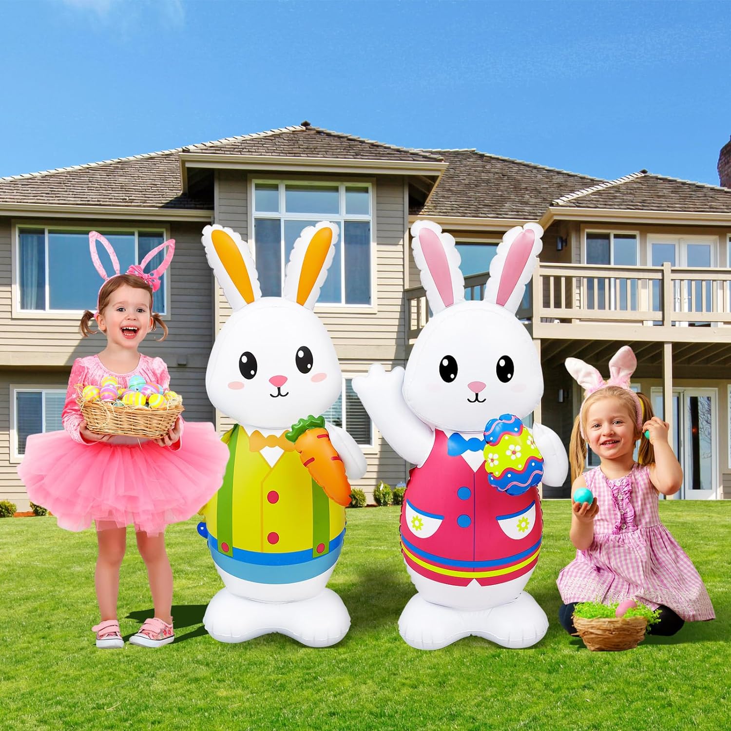 Giant Easter Inflatables Decorations 2 Pieces Blow Up Colorful Easter Egg Rabbit