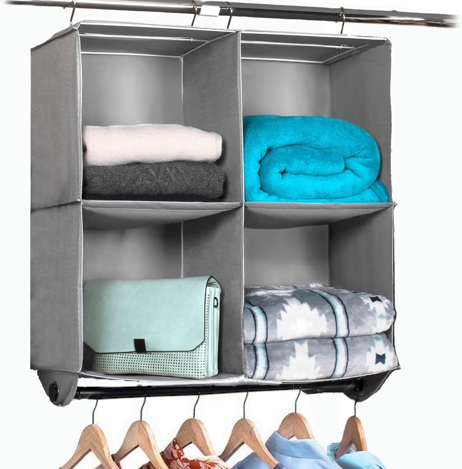 Closet Hanging Closet Organizers with 4 Shelves, Grey with Black Metal Rod - 24” W x 12” D x 29-1/2” H