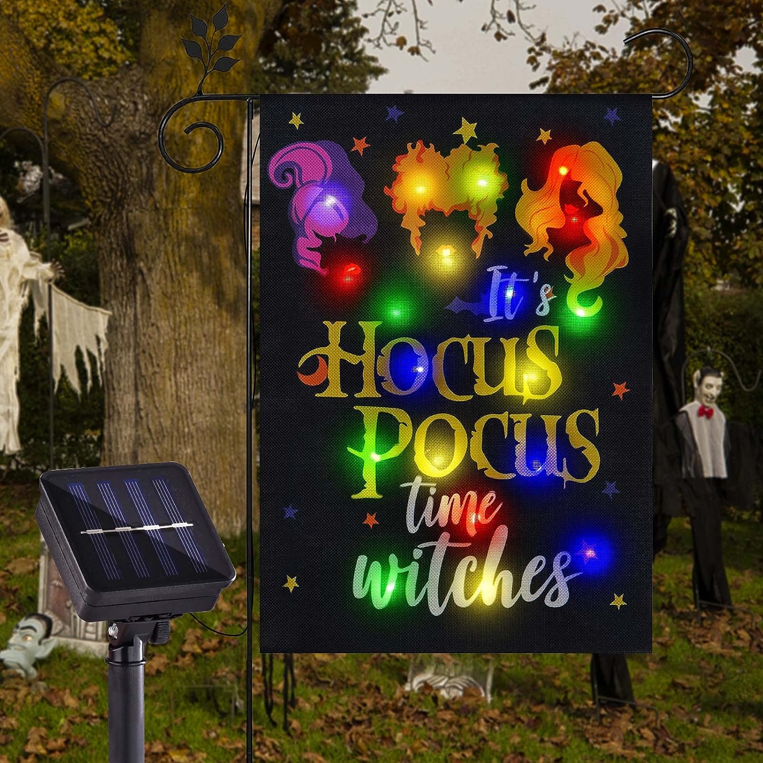 Halloween Garden Decor Solar Lighted Halloween Garden Flag It's Hocus Pocus Time Witches (12"x18")