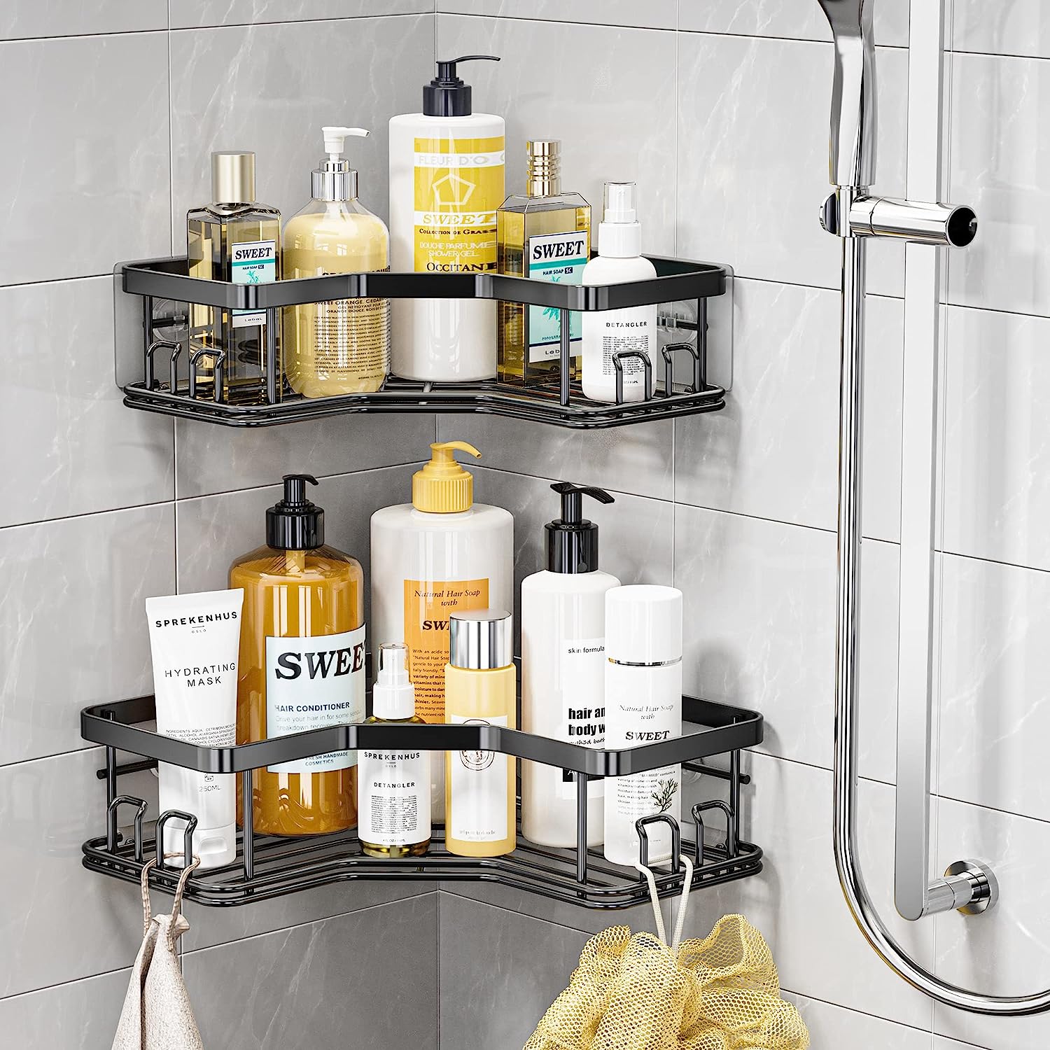 Adhesive Shower Organizer Shower Caddy with 8 Hooks, Black