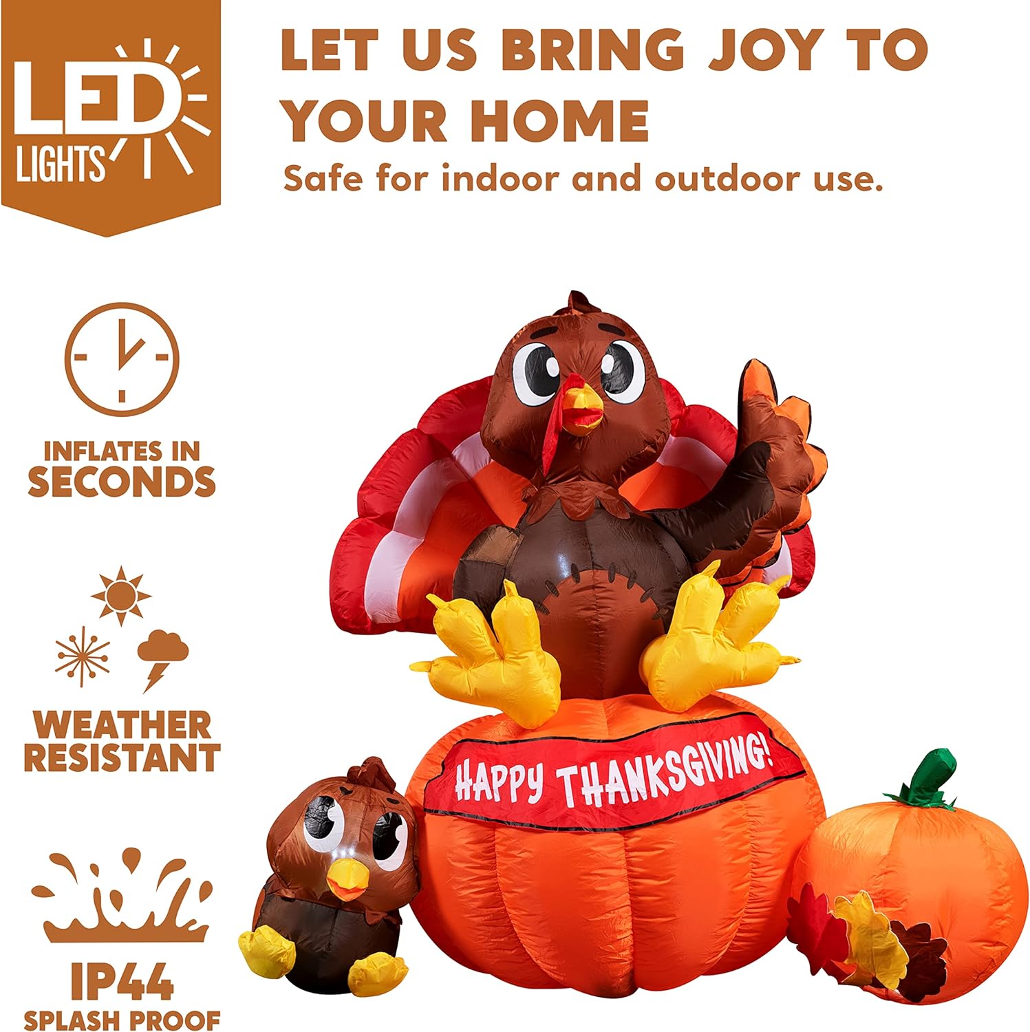 6FT Inflatable LED Light Up Blow Up Turkey on Pumpkin & Little Turkey