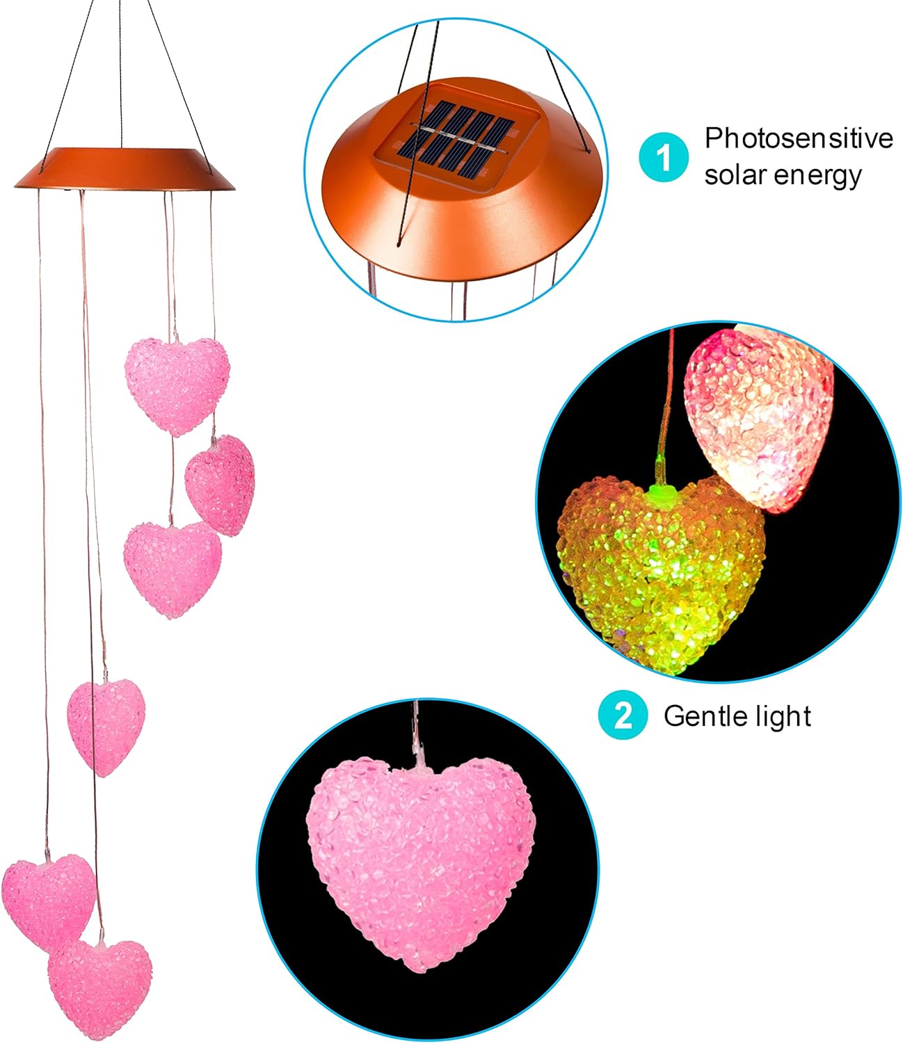 Hanging 6 Heart Solar Wind Chimes, Solar Powered LED Color Changing Waterproof Lights