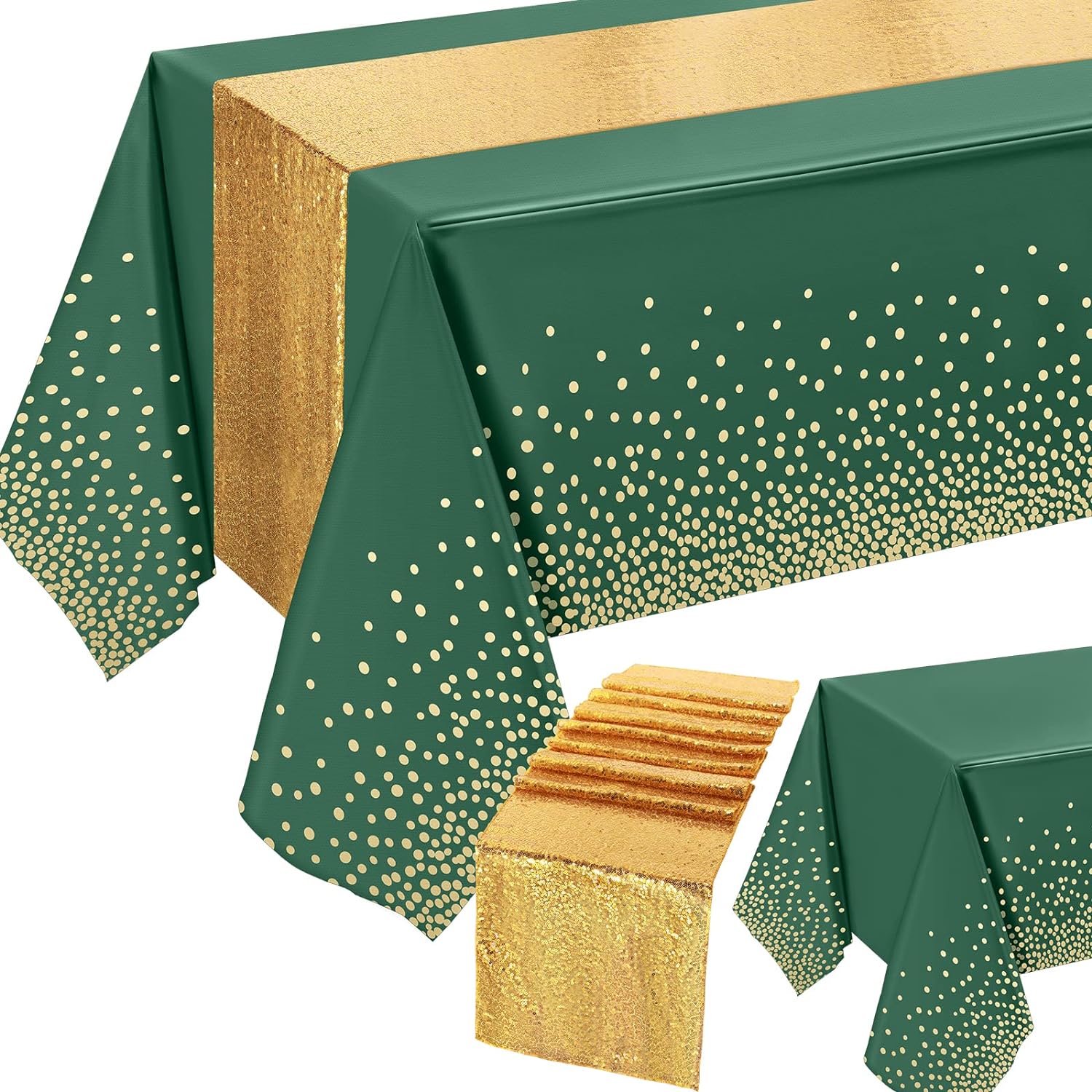 Tablecloth and Sequin Table Runner Set Polka Dots Confetti Table Cover, Green Gold (54" x 108")