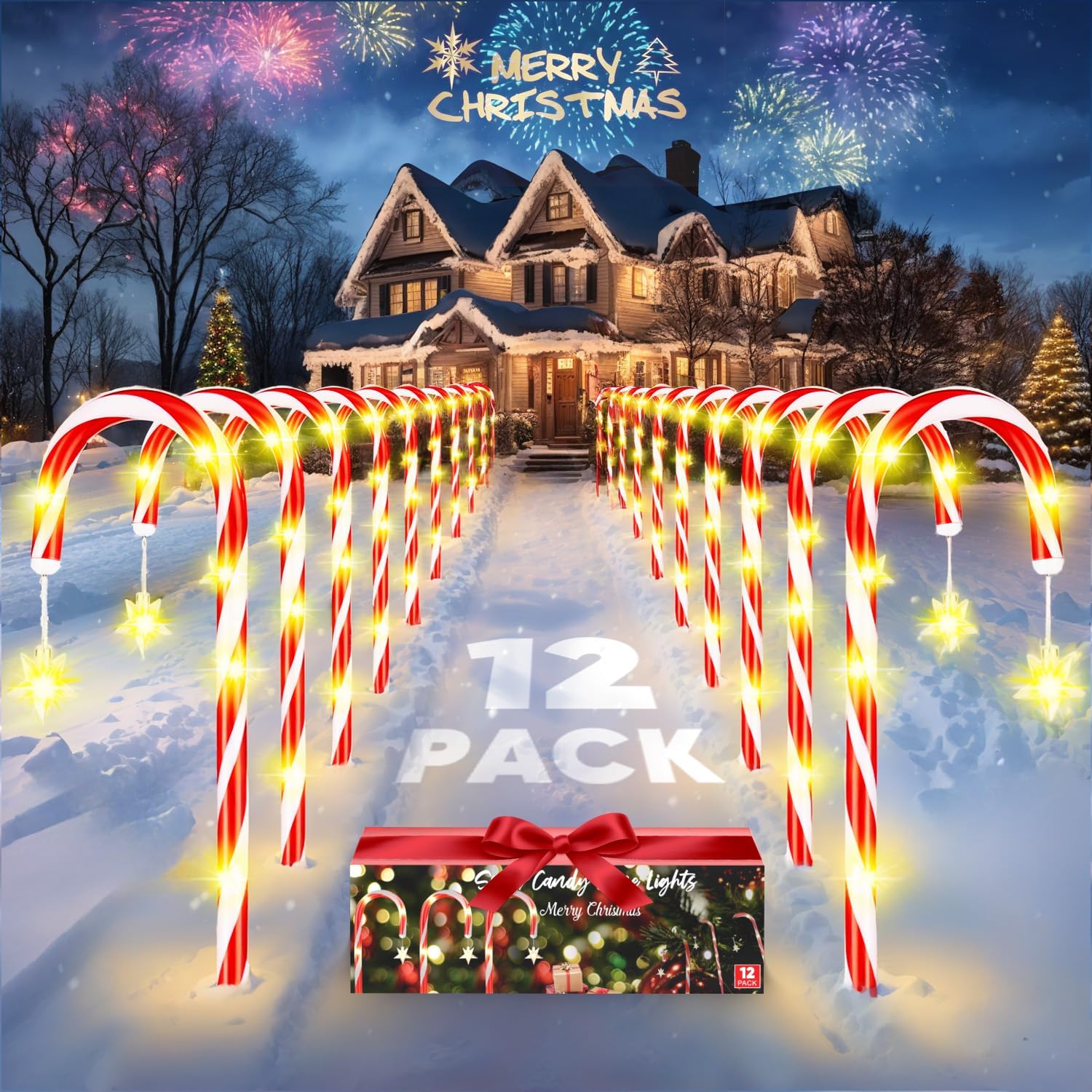 Christmas Solar Lights Outdoor Waterproof 12 Pack Candy Cane Lights Decoration with Remote Control & 8 Flashing Modes