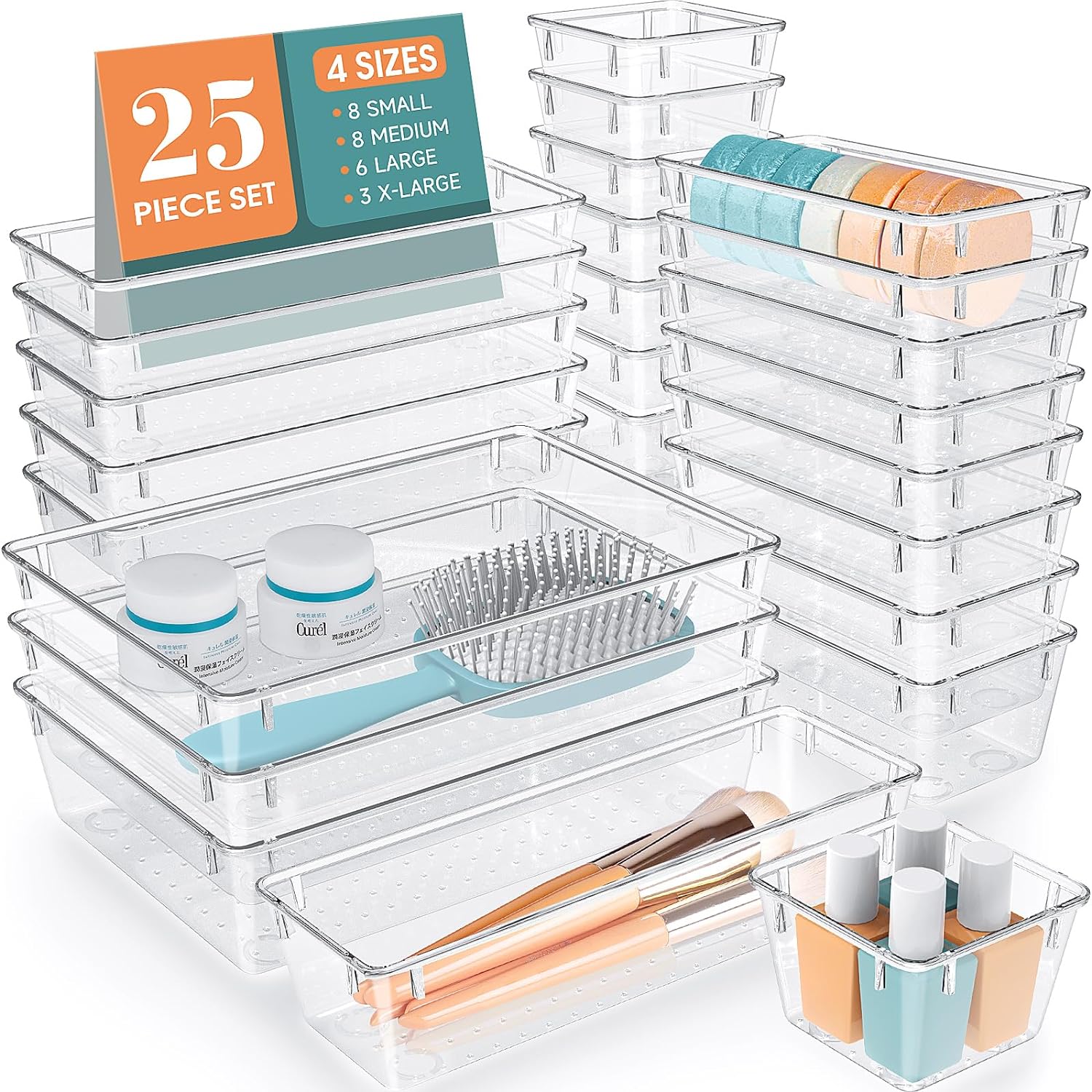 Clear Plastic Drawer Organizer Set 25 PCS 4 Sizes Desk Drawer Divider Organizers and Storage Bins