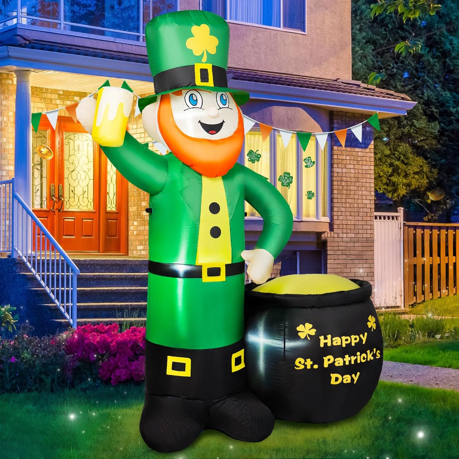 6FT Leprechaun Inflatable Holds Beer Cup with Pot of Gold Built-in LED Lights Inflatables Outdoor Decorations