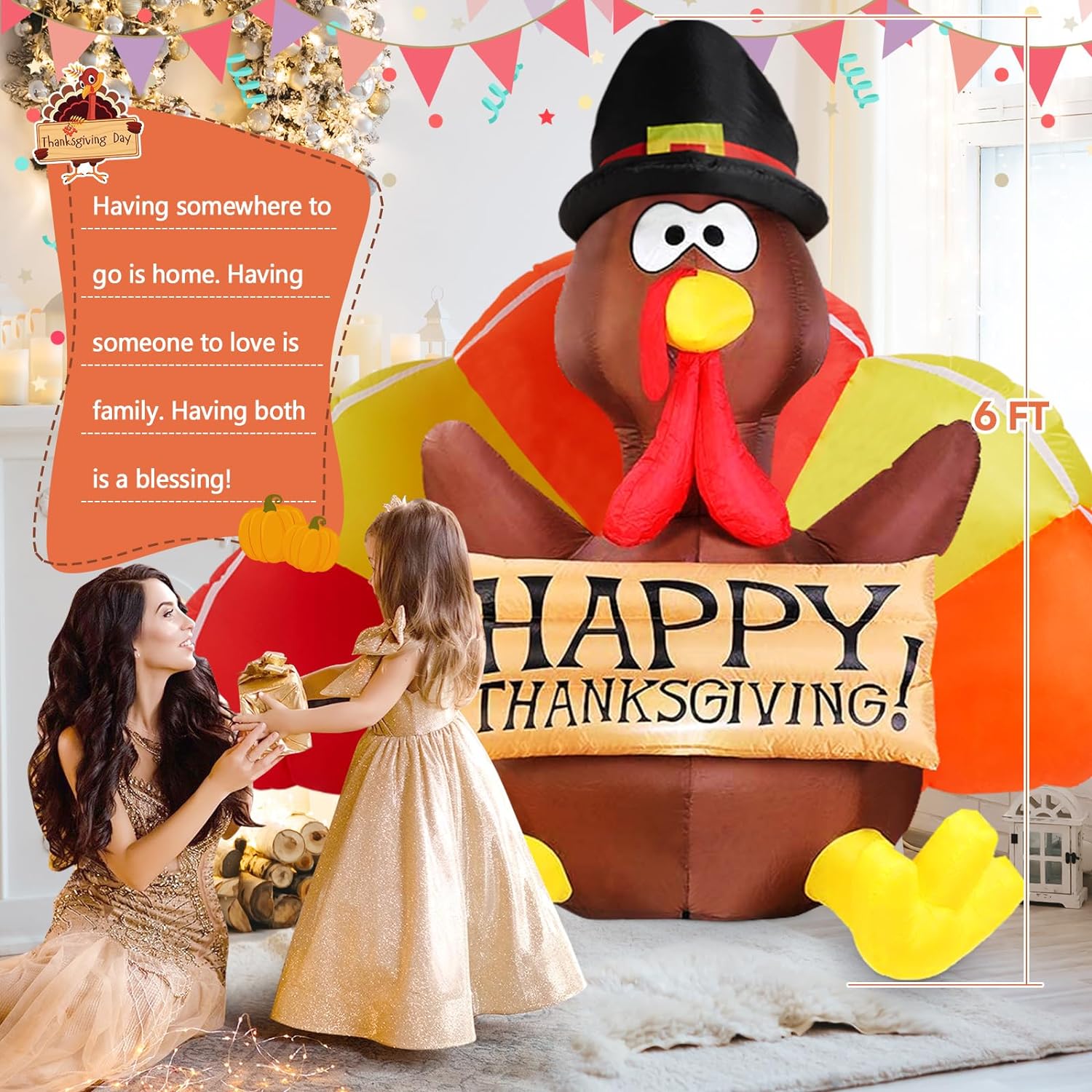 Inflatable Turkey Blow up Yard Decoration 6 FT Turkey with Colorful Big Tail & Pilgrim Hat Thanksgiving Inflatables